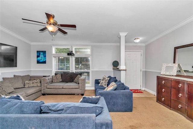 living room with ornamental molding, light colored carpet, and ceiling fan