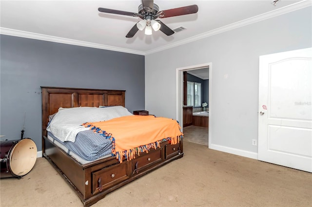 bedroom featuring light colored carpet, visible vents, ornamental molding, connected bathroom, and baseboards