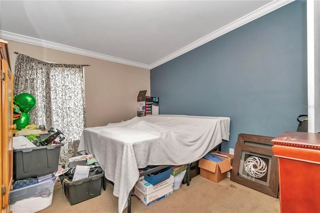 bedroom with light colored carpet and crown molding