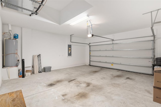 garage featuring a garage door opener, electric panel, and water heater