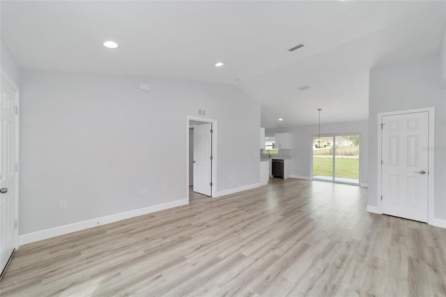 unfurnished living room featuring baseboards, visible vents, lofted ceiling, recessed lighting, and light wood-type flooring