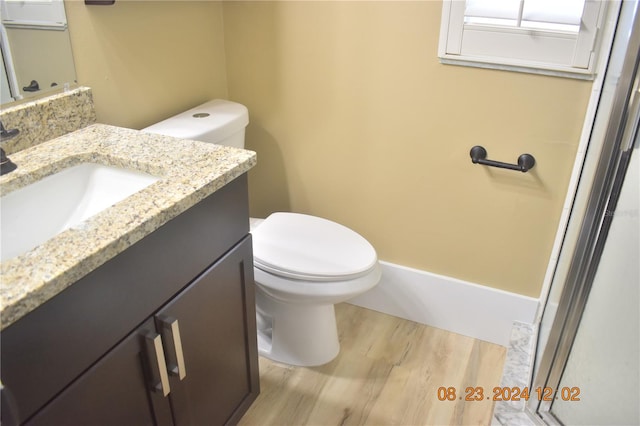 bathroom with toilet, vanity, and wood-type flooring