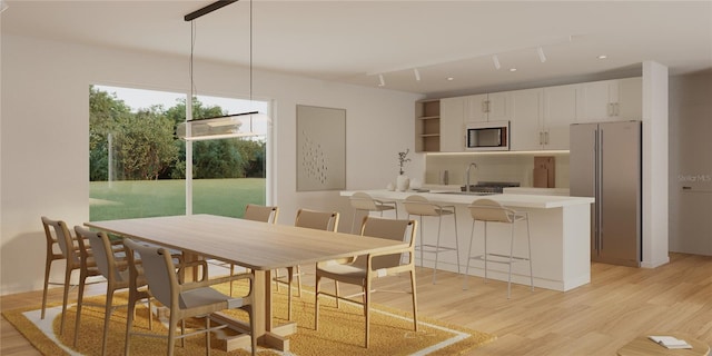 dining space with sink and light hardwood / wood-style floors