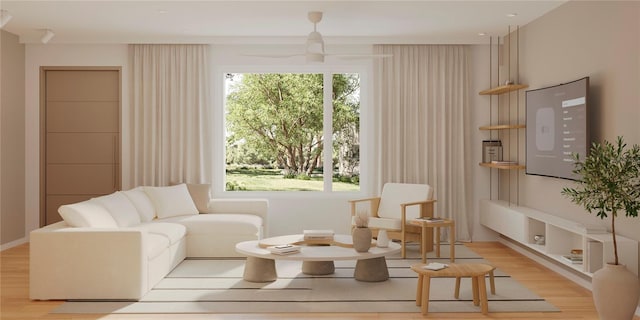 living area featuring a healthy amount of sunlight, ceiling fan, and light hardwood / wood-style flooring