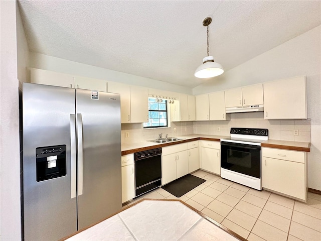 kitchen with black dishwasher, electric range, backsplash, and stainless steel refrigerator with ice dispenser