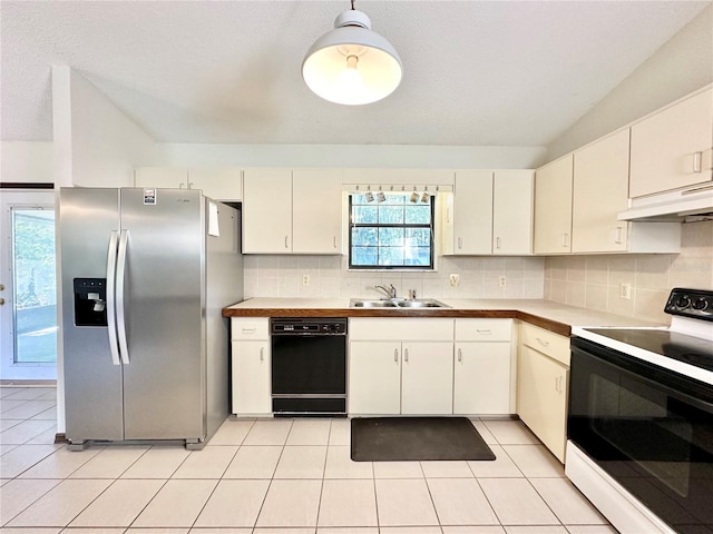 kitchen featuring white range with electric stovetop, light tile patterned floors, dishwasher, decorative backsplash, and stainless steel fridge with ice dispenser