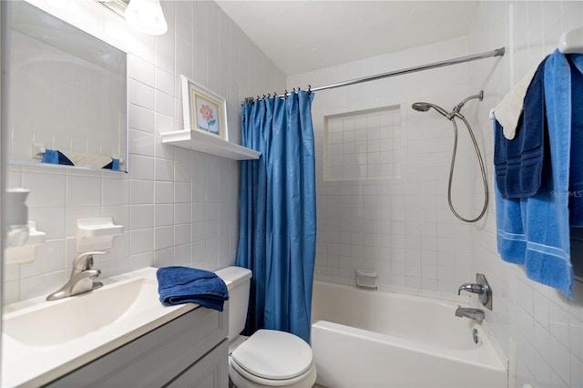 full bathroom featuring decorative backsplash, vanity, shower / bathtub combination with curtain, tile walls, and toilet