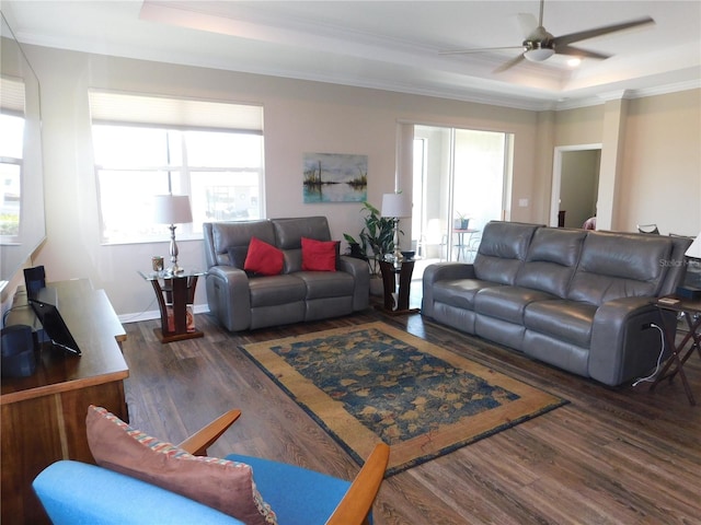 living room featuring ornamental molding, a tray ceiling, dark hardwood / wood-style flooring, and ceiling fan