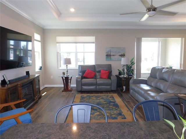 living room featuring ceiling fan, dark hardwood / wood-style floors, a healthy amount of sunlight, and crown molding