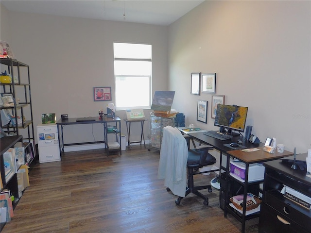 home office featuring dark hardwood / wood-style flooring