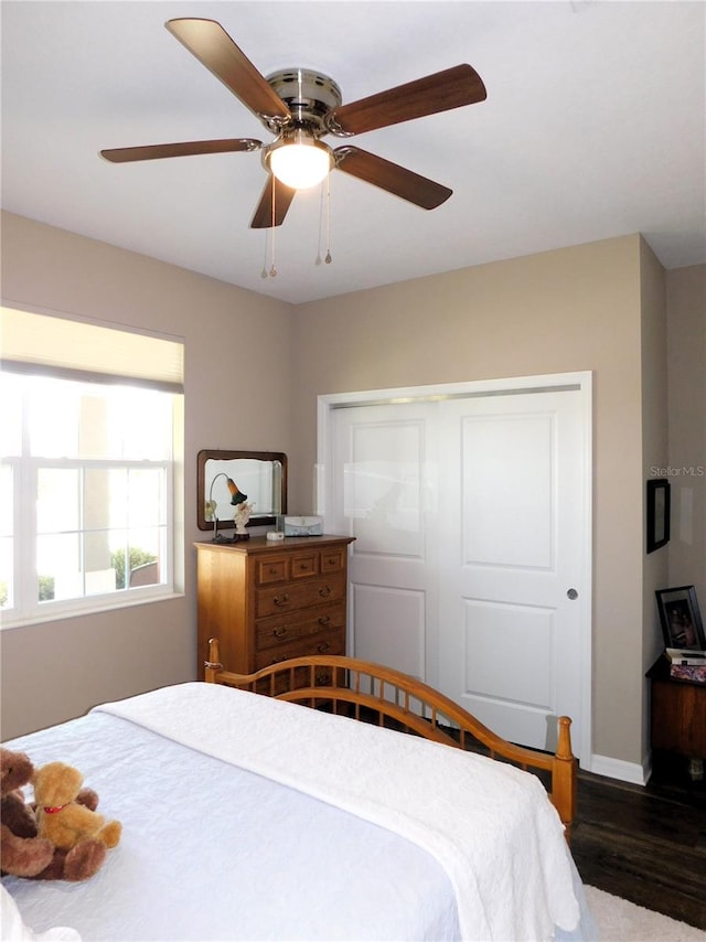 bedroom with ceiling fan, a closet, and dark hardwood / wood-style flooring