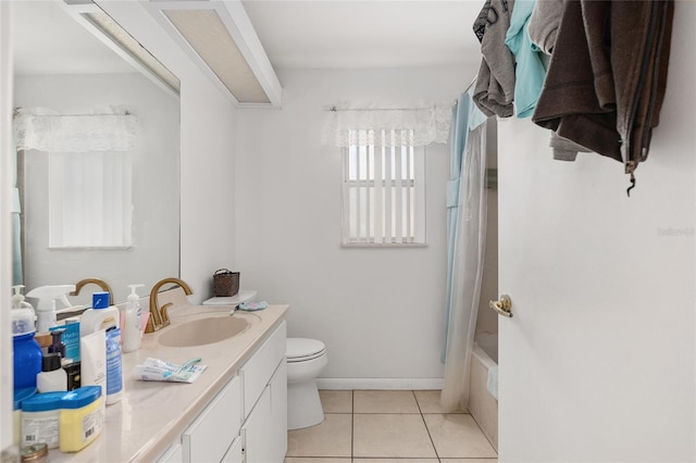 full bathroom with tile patterned floors, shower / bath combo, toilet, and vanity