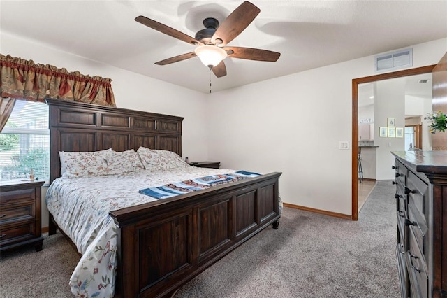 bedroom with light colored carpet and ceiling fan