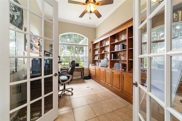 tiled office space with ceiling fan, ornamental molding, and french doors