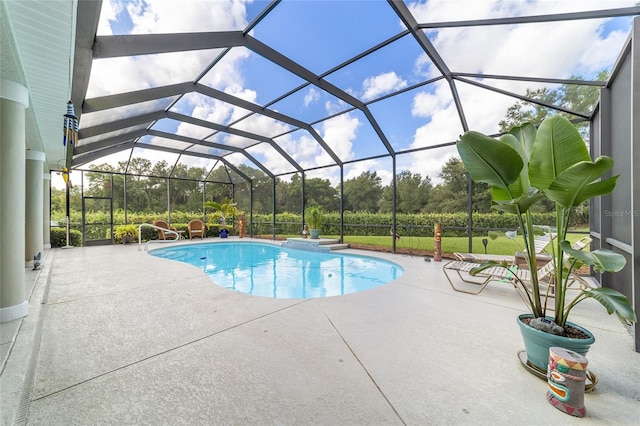 view of pool with a patio and a lanai