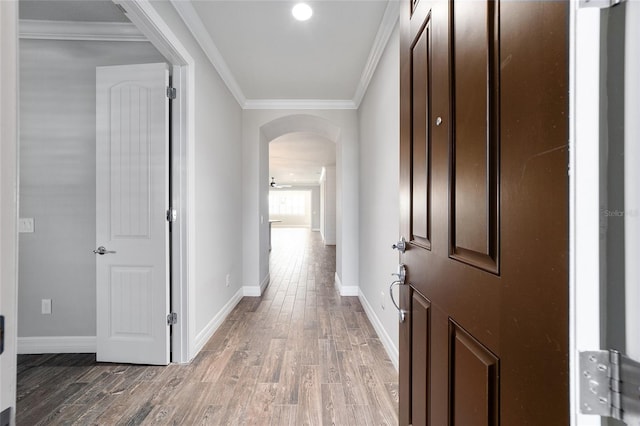 hallway featuring wood-type flooring and ornamental molding