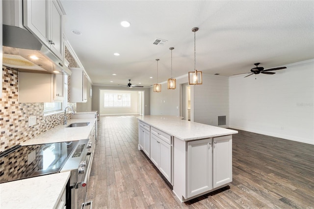 kitchen with dark wood-type flooring, sink, white cabinets, a center island, and hanging light fixtures