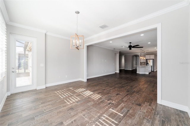 unfurnished living room featuring crown molding, dark wood-type flooring, and ceiling fan with notable chandelier