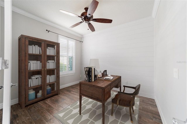 office featuring ornamental molding, ceiling fan, and dark wood-type flooring