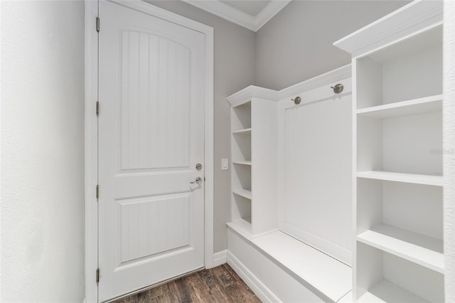 mudroom featuring dark hardwood / wood-style flooring and ornamental molding