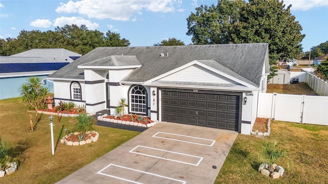 view of front of property featuring a front yard and a garage