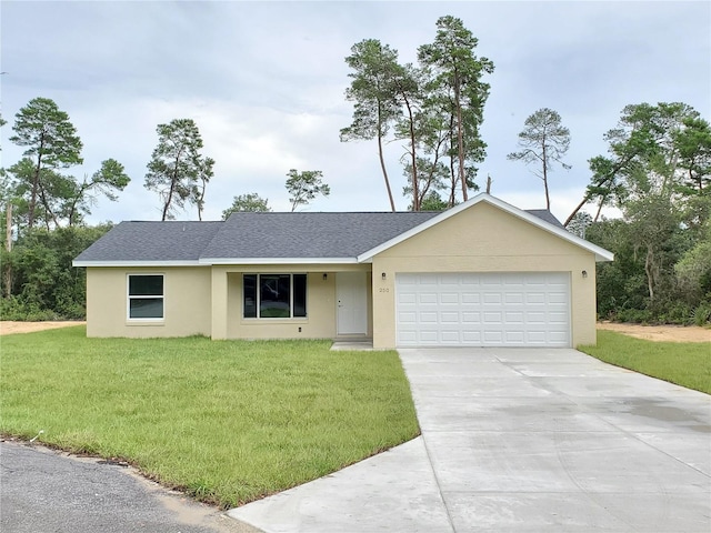 single story home featuring a front lawn and a garage