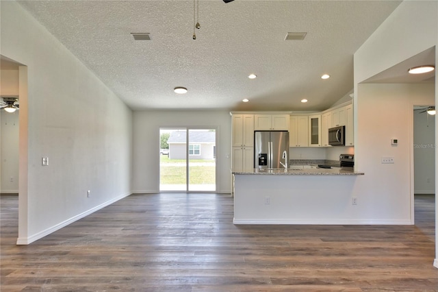 kitchen featuring appliances with stainless steel finishes, ceiling fan, hardwood / wood-style flooring, and light stone counters