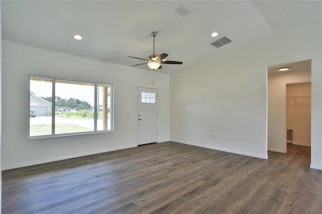 entryway featuring lofted ceiling, ceiling fan, and dark hardwood / wood-style floors