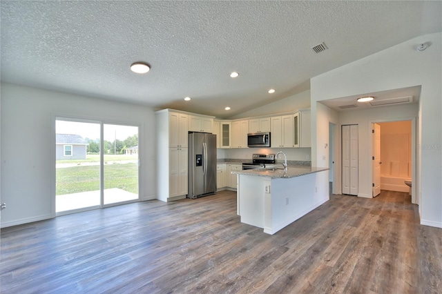 kitchen with lofted ceiling, stainless steel appliances, hardwood / wood-style floors, and kitchen peninsula