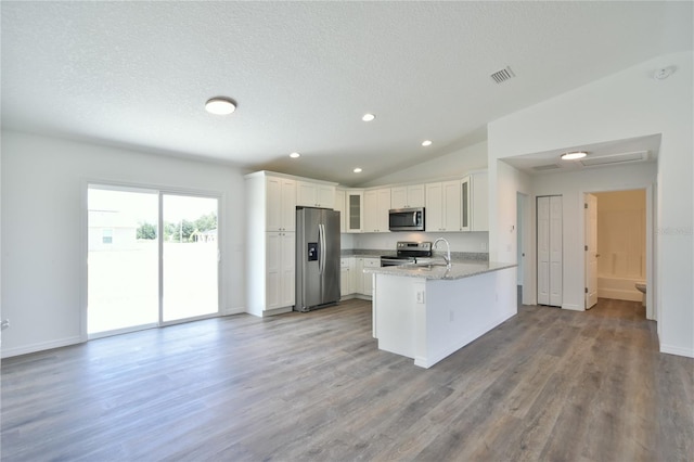 kitchen with vaulted ceiling, light hardwood / wood-style flooring, kitchen peninsula, and stainless steel appliances