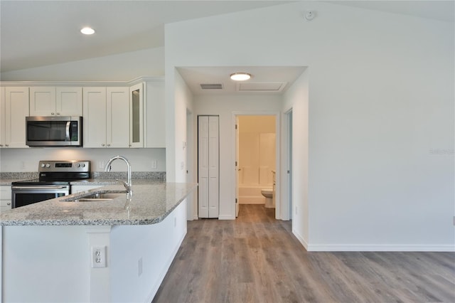 kitchen with vaulted ceiling, light hardwood / wood-style flooring, appliances with stainless steel finishes, sink, and light stone counters