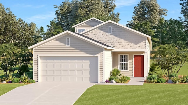 view of front of house with a garage and a front lawn