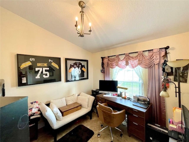 office space featuring vaulted ceiling, a textured ceiling, and an inviting chandelier