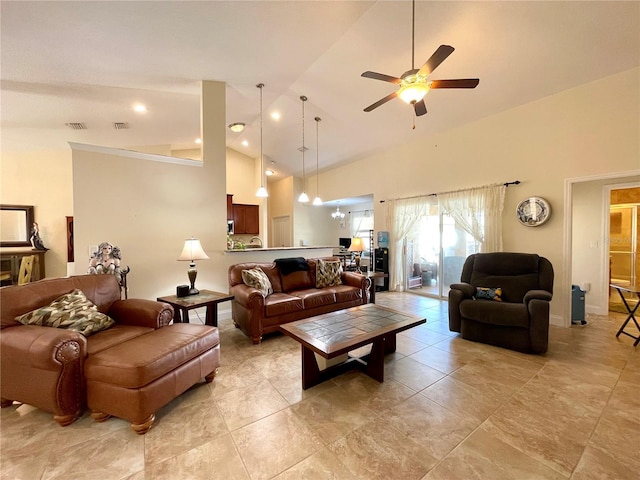 living room featuring ceiling fan and high vaulted ceiling