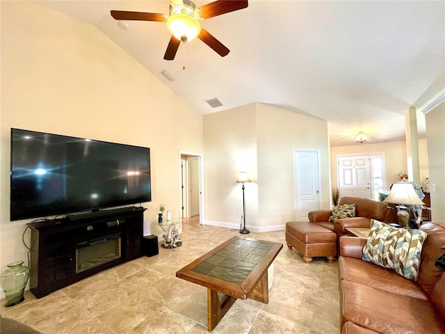 living room with ceiling fan and high vaulted ceiling