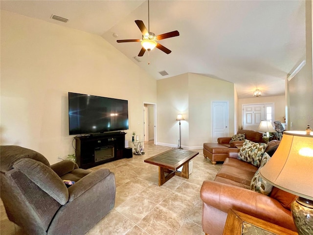 tiled living room featuring high vaulted ceiling and ceiling fan