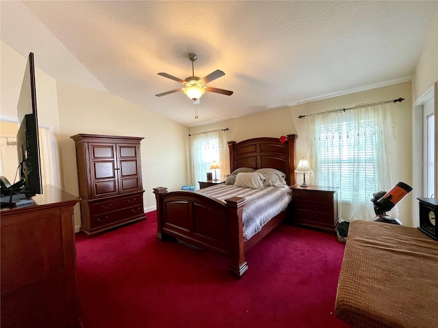 carpeted bedroom featuring multiple windows, lofted ceiling, ceiling fan, and a textured ceiling