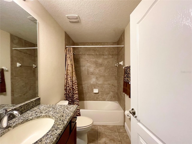 full bathroom with a textured ceiling, vanity, shower / tub combo, toilet, and tile patterned floors