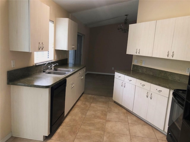 kitchen featuring black appliances, a chandelier, light tile patterned floors, and sink