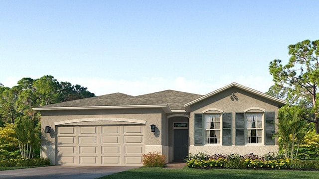 ranch-style house with a garage, driveway, a shingled roof, and stucco siding