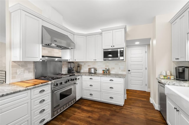 kitchen with white cabinetry, dark wood-type flooring, ventilation hood, and stainless steel appliances