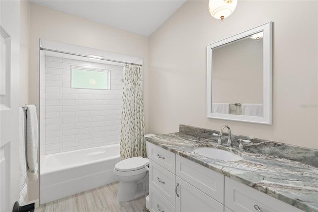 full bathroom with toilet, shower / bath combo, and vanity