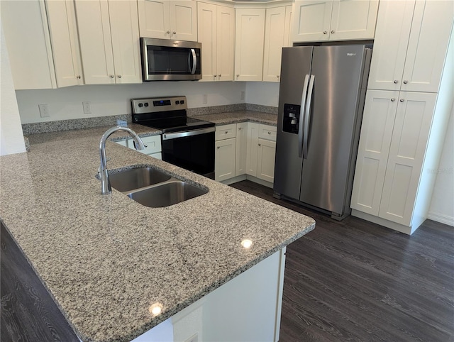 kitchen featuring light stone counters, dark hardwood / wood-style floors, sink, and appliances with stainless steel finishes