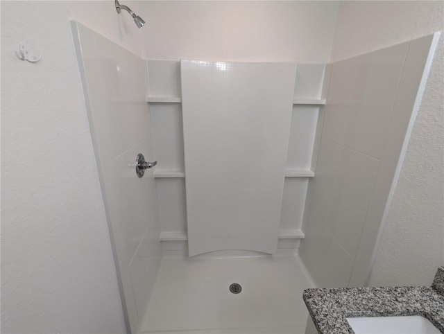 bathroom featuring a shower and vanity