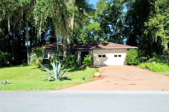 single story home featuring driveway, a garage, and a front lawn