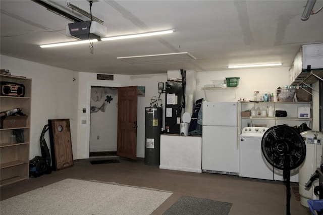 garage with white fridge, washer / dryer, electric water heater, a garage door opener, and heating unit