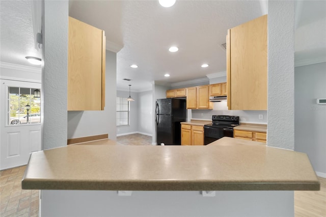 kitchen with crown molding, black appliances, kitchen peninsula, hanging light fixtures, and light brown cabinets