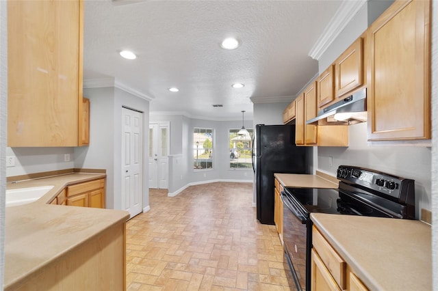 kitchen with ornamental molding, a textured ceiling, decorative light fixtures, sink, and electric range