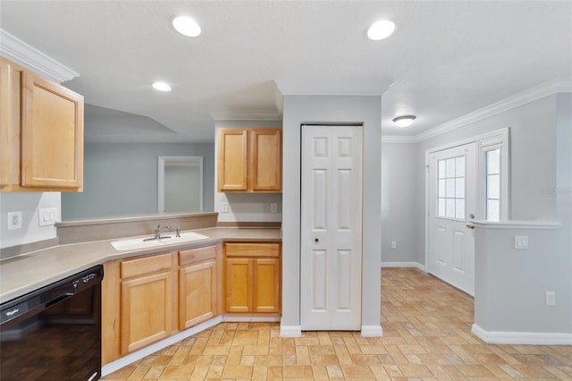 kitchen with light brown cabinetry, black dishwasher, crown molding, and sink