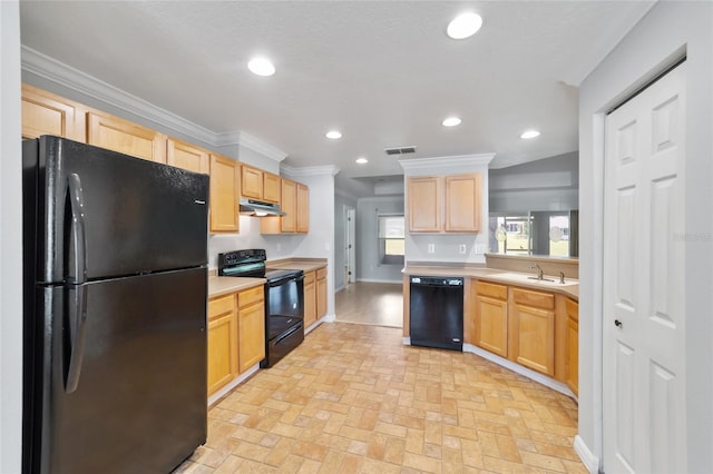 kitchen featuring crown molding, black appliances, light brown cabinetry, kitchen peninsula, and sink